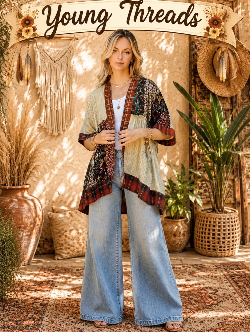 456. Patchwork Open-Front Cardigan - Multicolor (Cream, Brown, Green, Burgundy)